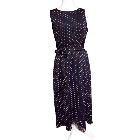 Prelude | Dresses | Prelude Womens Navy Blue Orange Polka Dot Sleeveless  Belted Midi Dress | Poshmark